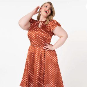 Unique Vintage Cinnamon & White Polka Dot Dahlia Swing Dress
